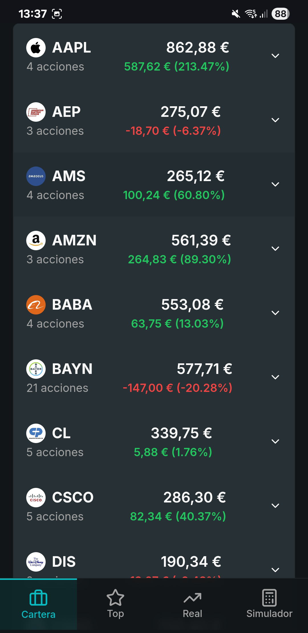 Captura de pantalla de la app móvil de Dividendly - Acciones
